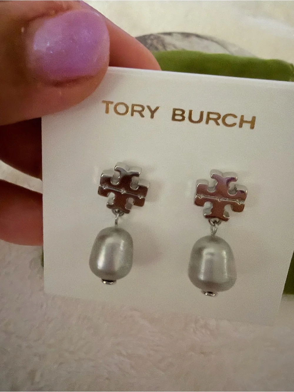 Tory Burch Silver Tone Logo Pearl Drop Earrings